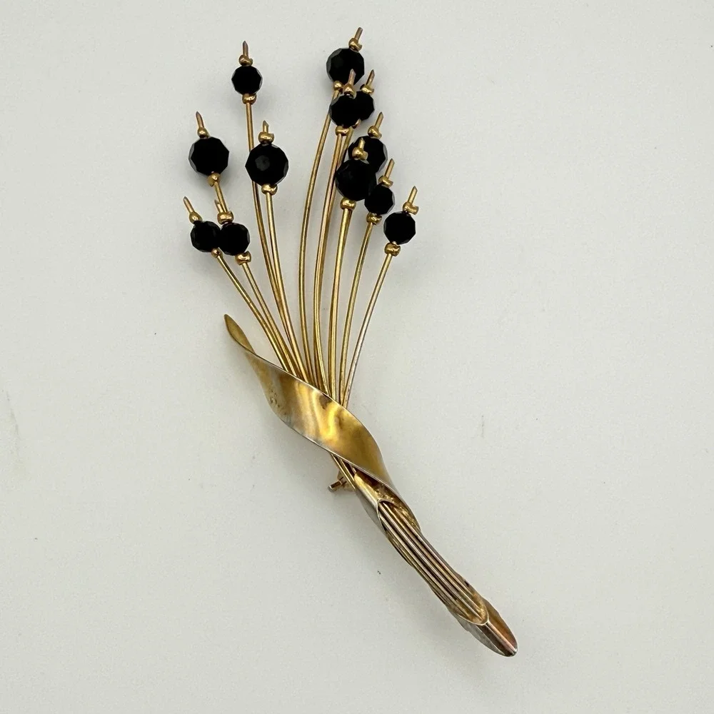 Vintage Gold Tone Spray Brooch Black Faceted Beads Floral Statement Pin